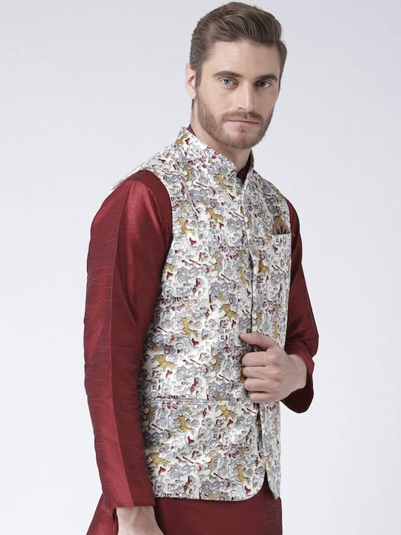 Men's White Viscose
 Printed Nehru Jackets